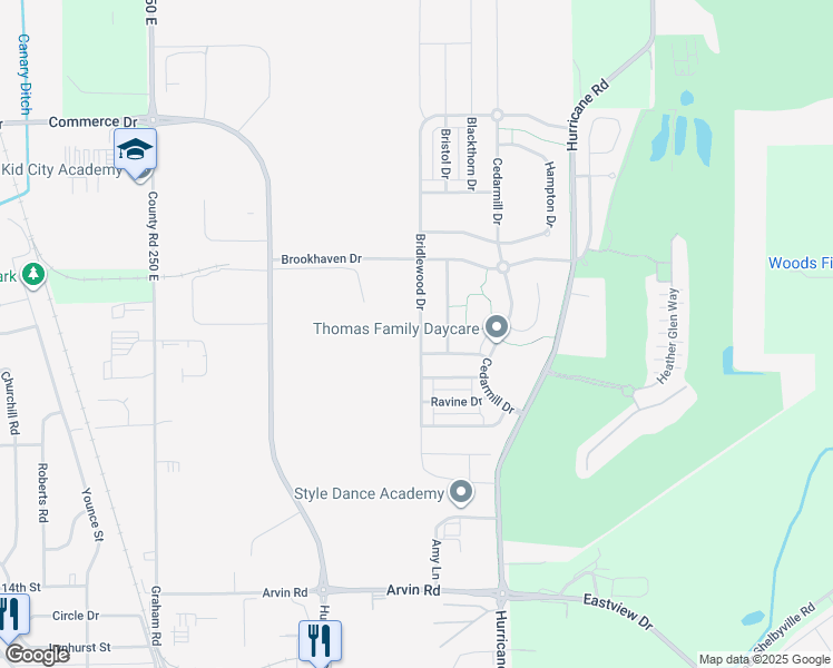 map of restaurants, bars, coffee shops, grocery stores, and more near 2120 Bridlewood Drive in Franklin