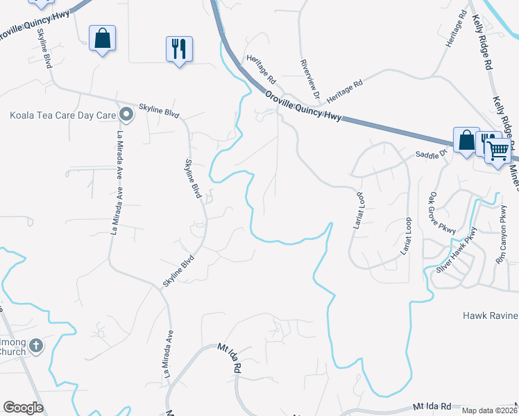 map of restaurants, bars, coffee shops, grocery stores, and more near 80 Apica Avenue in Oroville