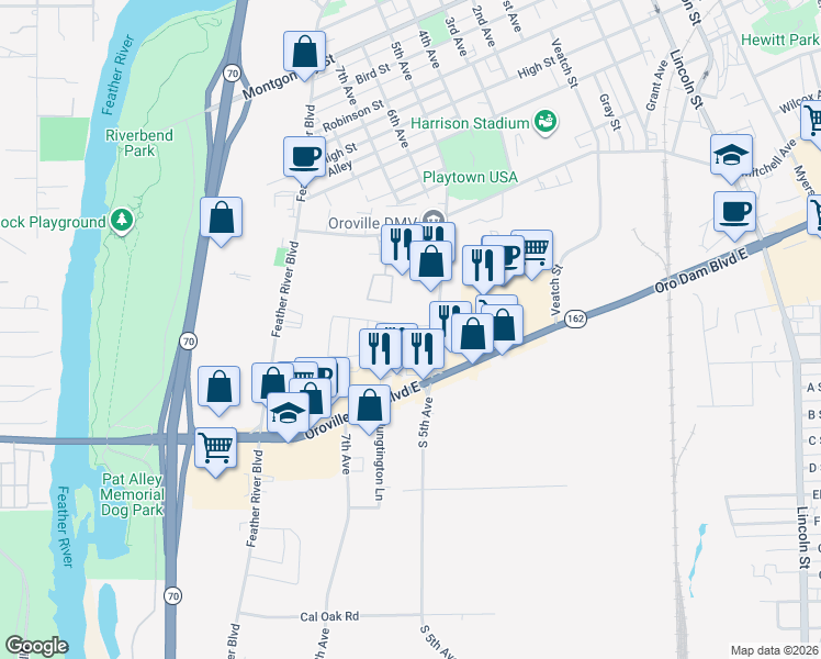 map of restaurants, bars, coffee shops, grocery stores, and more near 139 Cottonwood Circle in Oroville