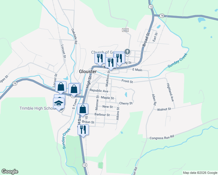 map of restaurants, bars, coffee shops, grocery stores, and more near 45 Madison Street in Glouster