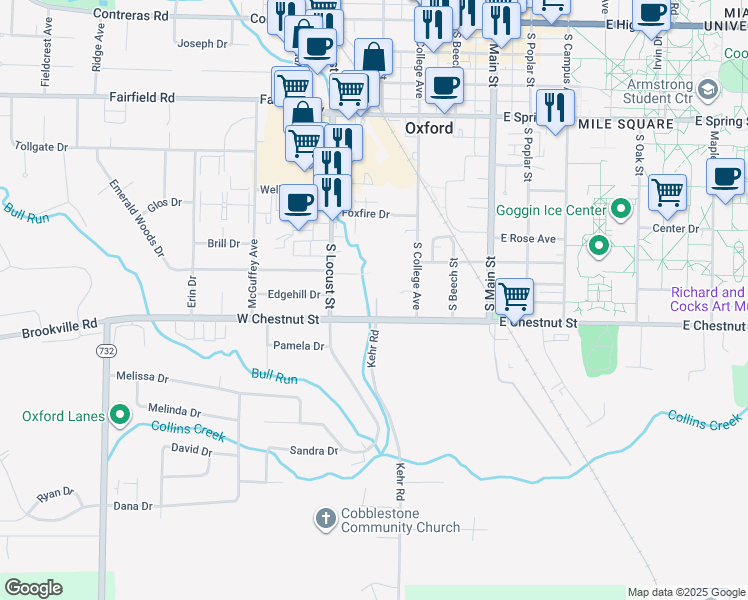 map of restaurants, bars, coffee shops, grocery stores, and more near 230 West Chestnut Street in Oxford