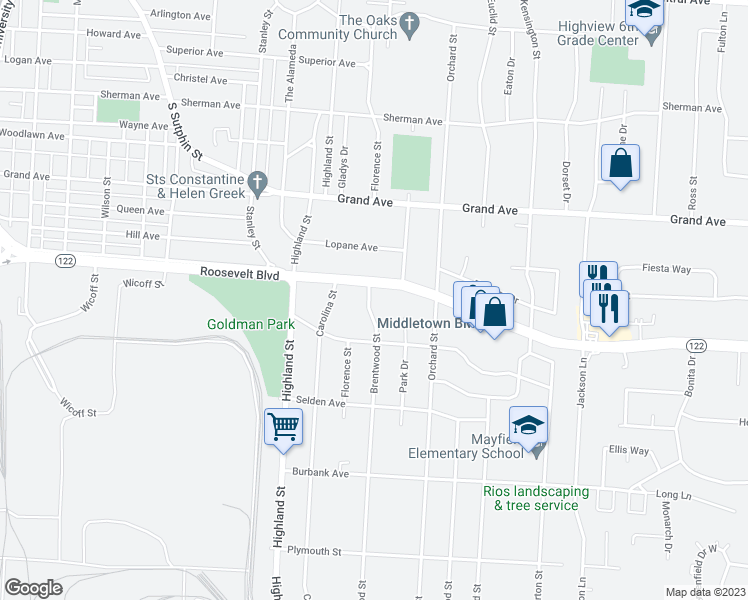 map of restaurants, bars, coffee shops, grocery stores, and more near 1307 Brentwood Street in Middletown