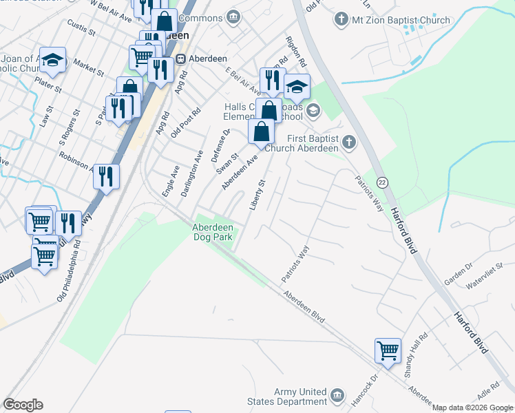 map of restaurants, bars, coffee shops, grocery stores, and more near 50 Liberty Street in Aberdeen
