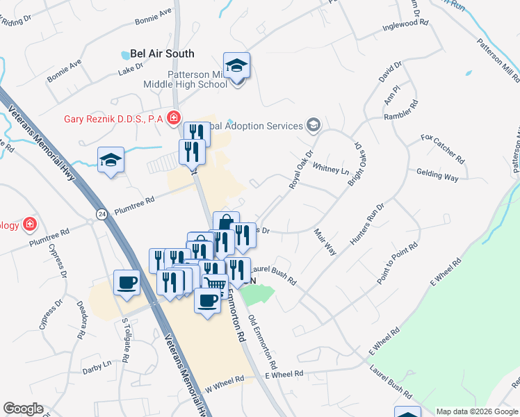 map of restaurants, bars, coffee shops, grocery stores, and more near 120 Royal Oak Drive in Bel Air