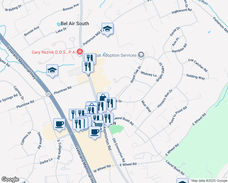 map of restaurants, bars, coffee shops, grocery stores, and more near 110 Royal Oak Drive in Bel Air