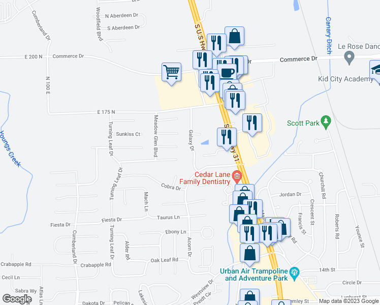 map of restaurants, bars, coffee shops, grocery stores, and more near 2104 Galaxy Drive in Franklin