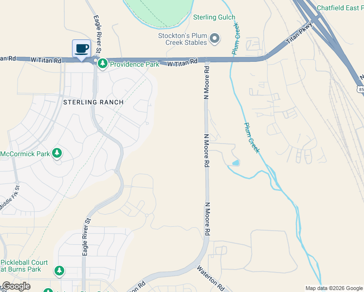 map of restaurants, bars, coffee shops, grocery stores, and more near 9553 North Moore Road in Littleton