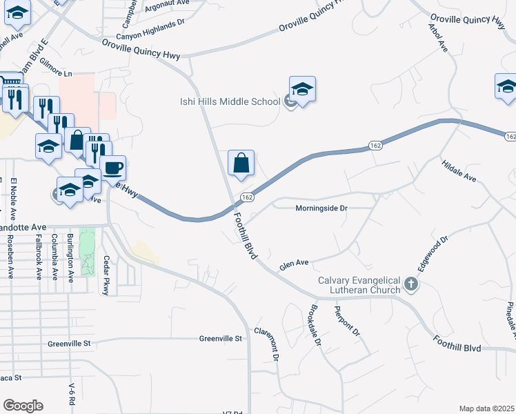map of restaurants, bars, coffee shops, grocery stores, and more near 3253 Hildale Avenue in Oroville