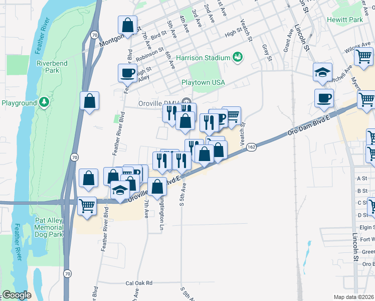 map of restaurants, bars, coffee shops, grocery stores, and more near 107 Cottonwood Circle in Oroville