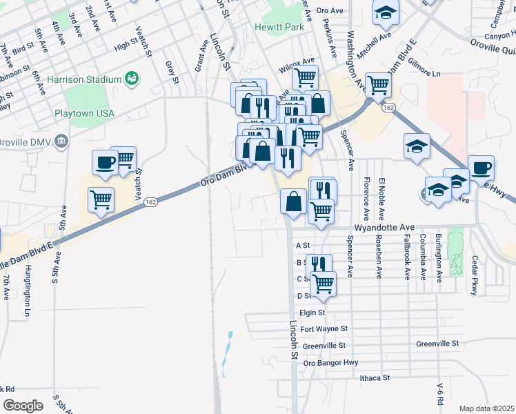 map of restaurants, bars, coffee shops, grocery stores, and more near 2750 Lincoln Boulevard in Oroville