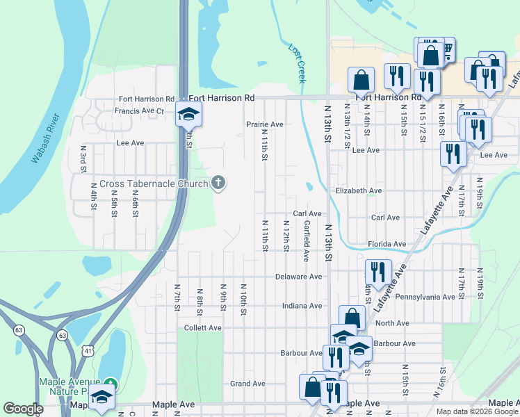 map of restaurants, bars, coffee shops, grocery stores, and more near 2832 North 11th Street in Terre Haute
