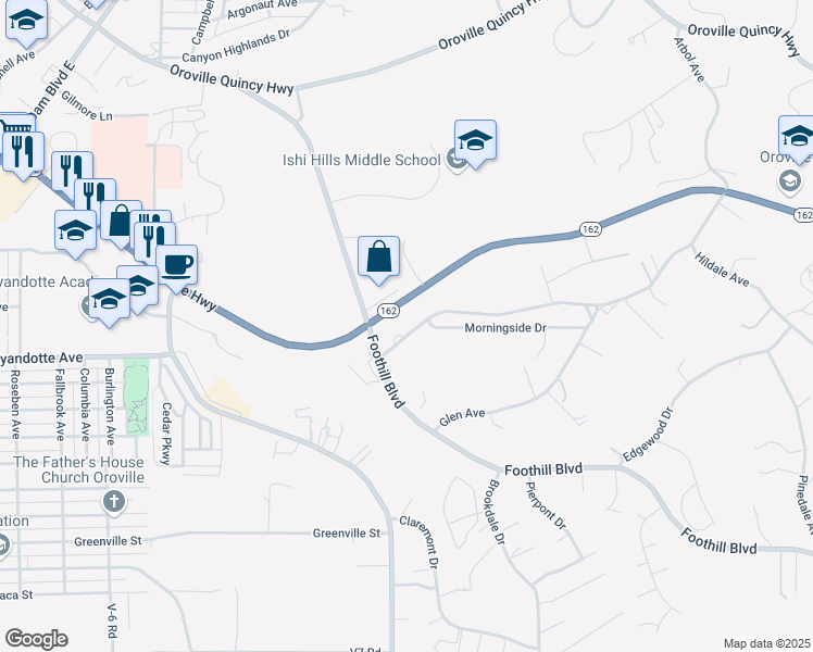 map of restaurants, bars, coffee shops, grocery stores, and more near 3253 Hildale Avenue in Oroville