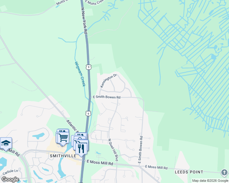 map of restaurants, bars, coffee shops, grocery stores, and more near Kensington Drive in Galloway