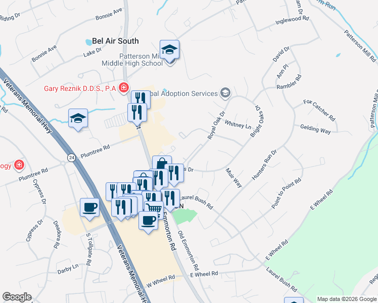 map of restaurants, bars, coffee shops, grocery stores, and more near 130 Royal Oak Drive in Bel Air