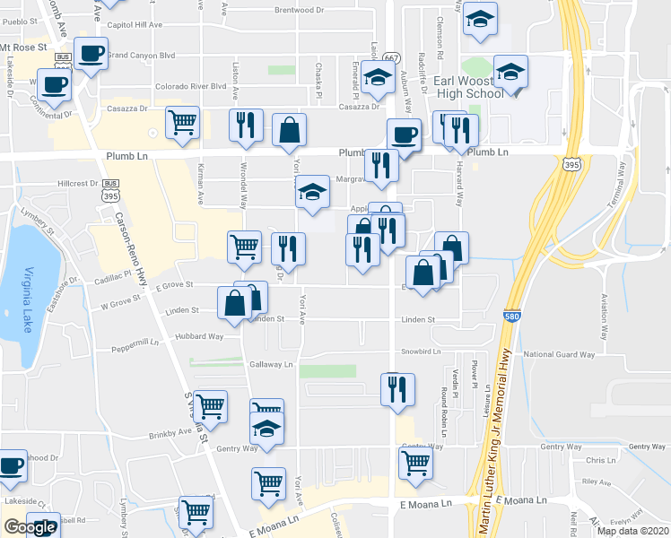 map of restaurants, bars, coffee shops, grocery stores, and more near 453 East Grove Street in Reno