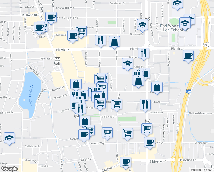 map of restaurants, bars, coffee shops, grocery stores, and more near 2469 Flagg Drive in Reno