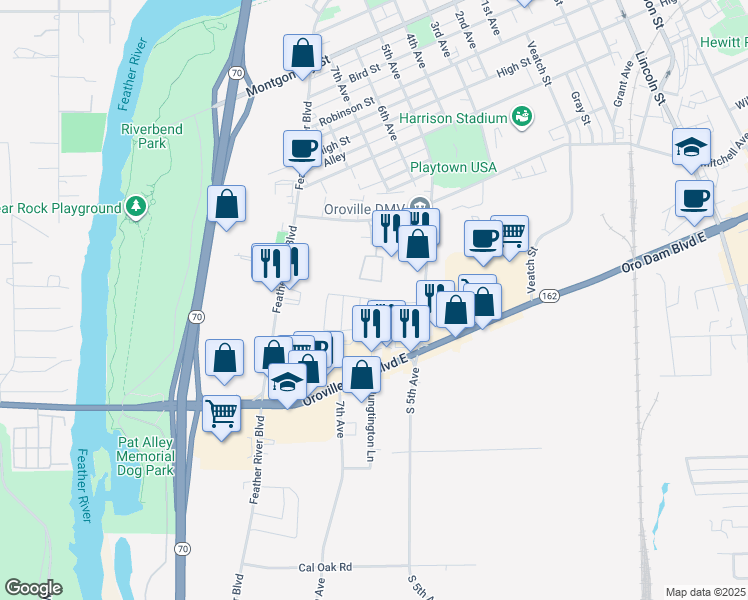 map of restaurants, bars, coffee shops, grocery stores, and more near 2300 5th Avenue in Oroville