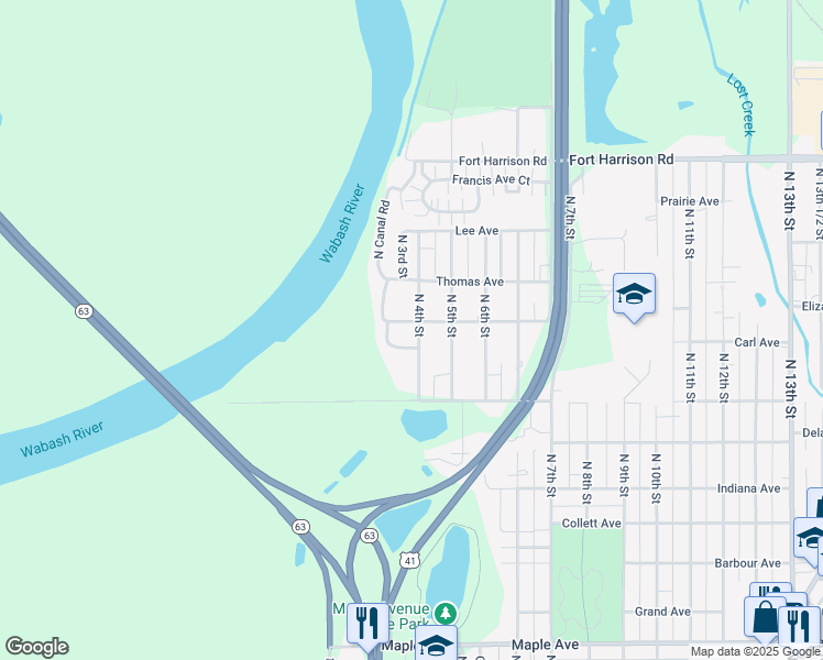 map of restaurants, bars, coffee shops, grocery stores, and more near 2824 North 4th Street in Terre Haute