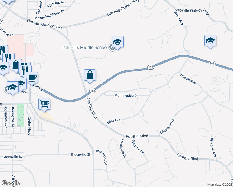 map of restaurants, bars, coffee shops, grocery stores, and more near 3383 Morningside Drive in Oroville