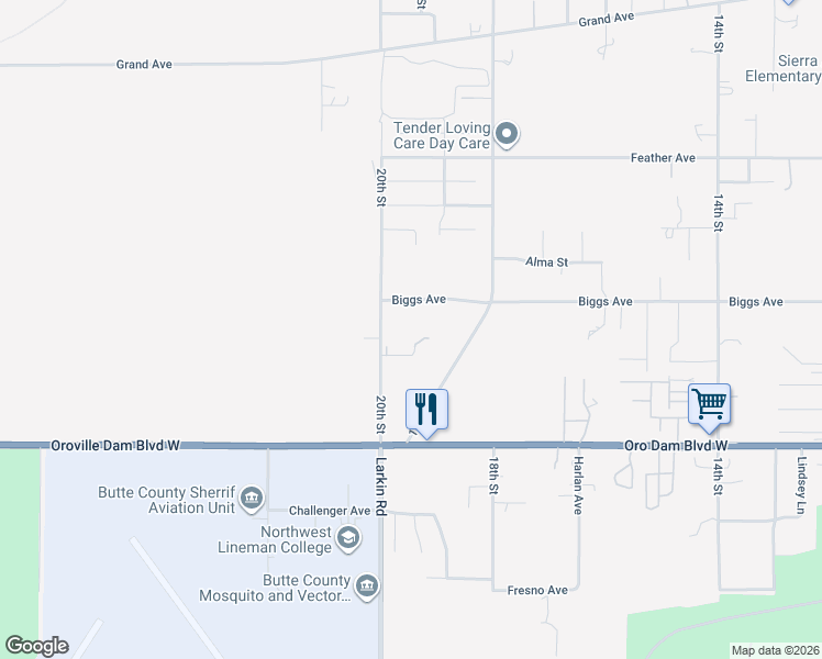 map of restaurants, bars, coffee shops, grocery stores, and more near 1168 20th Street in Oroville