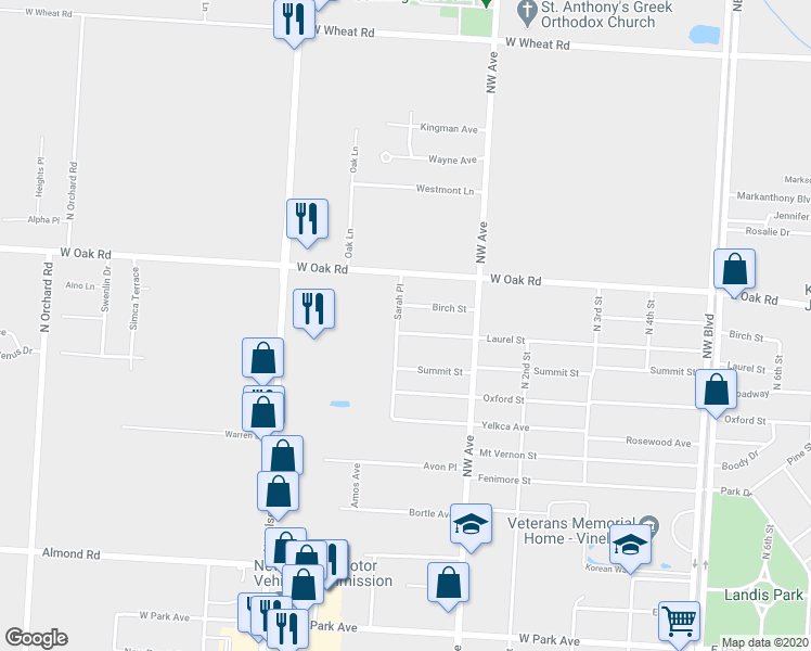 map of restaurants, bars, coffee shops, grocery stores, and more near 52 Laurel Street in Vineland