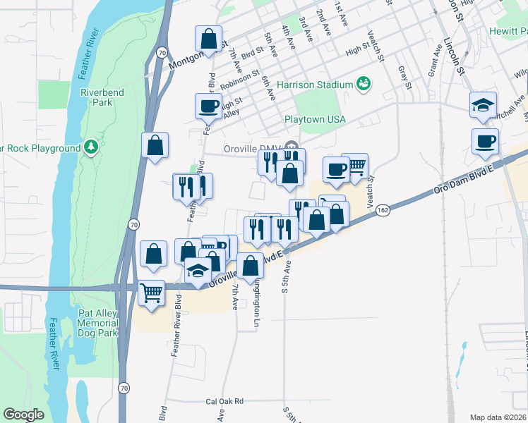 map of restaurants, bars, coffee shops, grocery stores, and more near 107 Cottonwood Circle in Oroville