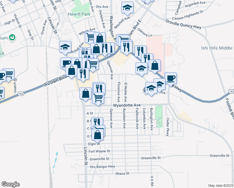 map of restaurants, bars, coffee shops, grocery stores, and more near 2952 Florence Avenue in Oroville