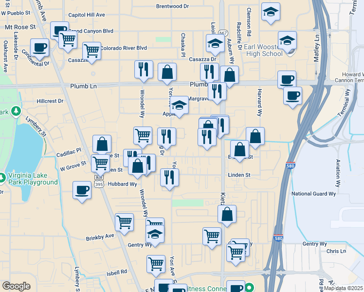 map of restaurants, bars, coffee shops, grocery stores, and more near in Reno