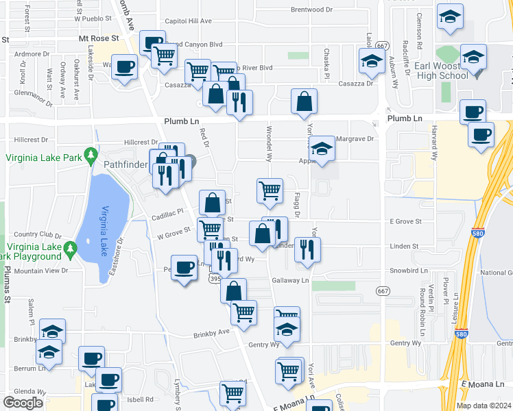 map of restaurants, bars, coffee shops, grocery stores, and more near 175 East Grove Street in Reno