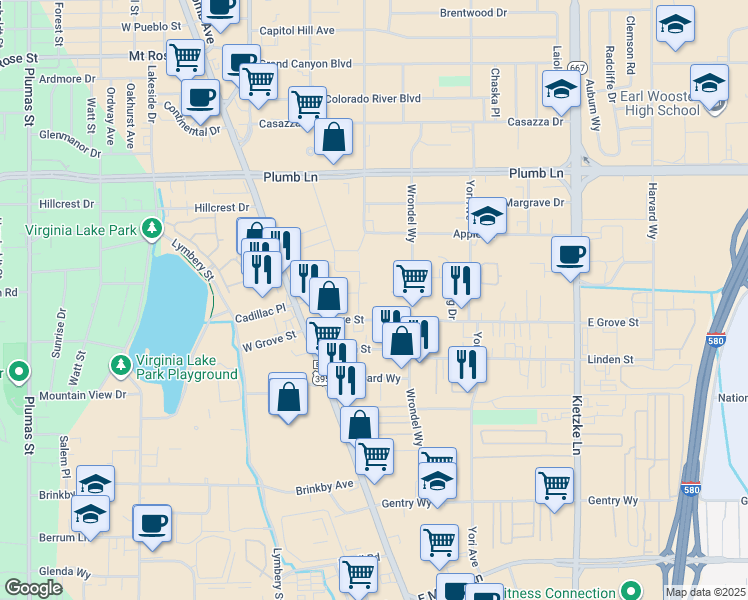 map of restaurants, bars, coffee shops, grocery stores, and more near 175 East Grove Street in Reno