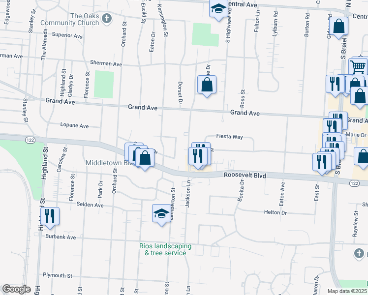 map of restaurants, bars, coffee shops, grocery stores, and more near 1012 Jackson Lane in Middletown