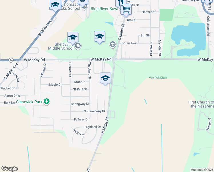 map of restaurants, bars, coffee shops, grocery stores, and more near 2535 South Miller Street in Shelbyville
