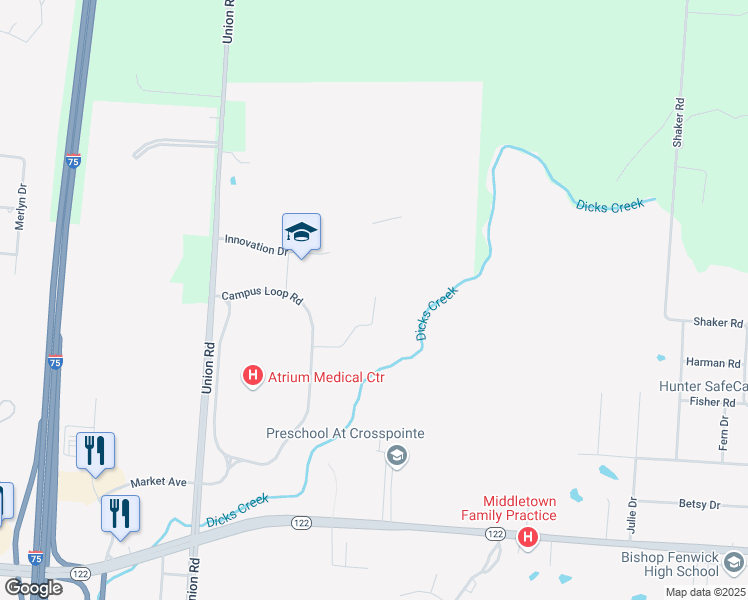 map of restaurants, bars, coffee shops, grocery stores, and more near Atrium Boulevard in Middletown