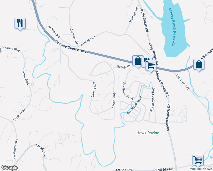 map of restaurants, bars, coffee shops, grocery stores, and more near 5212 Honey Rock Court in Oroville