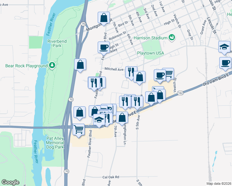 map of restaurants, bars, coffee shops, grocery stores, and more near 61 Cottonwood Circle in Oroville