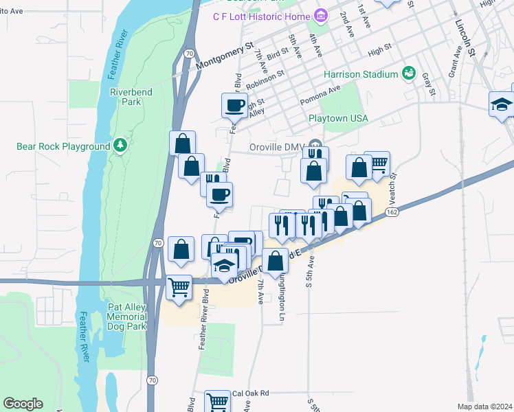map of restaurants, bars, coffee shops, grocery stores, and more near 108 Cottonwood Road in Oroville