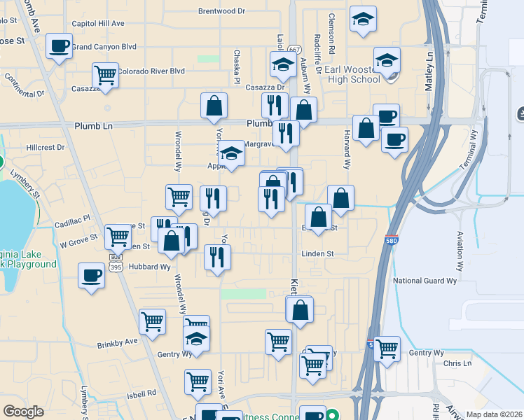 map of restaurants, bars, coffee shops, grocery stores, and more near 453 East Grove Street in Reno