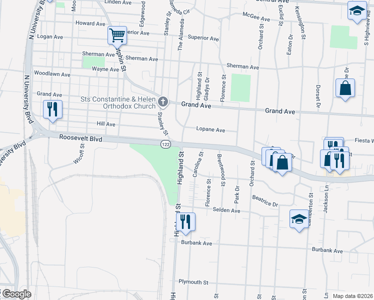 map of restaurants, bars, coffee shops, grocery stores, and more near 1305 Highland Street in Middletown