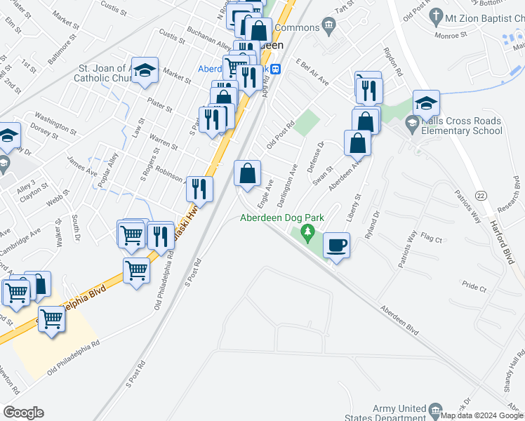 map of restaurants, bars, coffee shops, grocery stores, and more near 203 Engle Avenue in Aberdeen