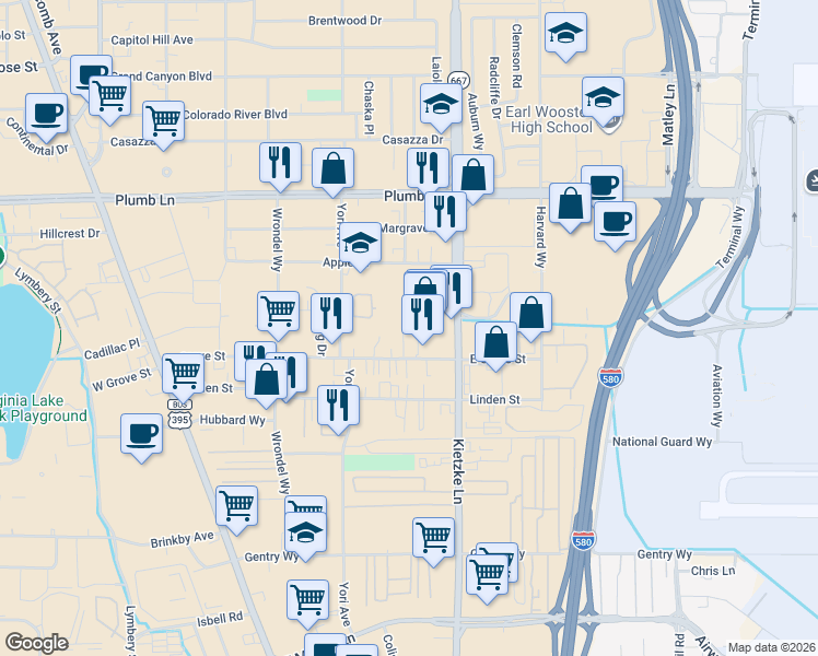 map of restaurants, bars, coffee shops, grocery stores, and more near 2185 Kietzke Lane in Reno