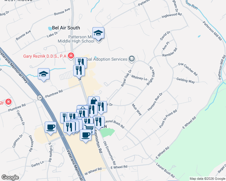 map of restaurants, bars, coffee shops, grocery stores, and more near 140 Royal Oak Drive in Bel Air