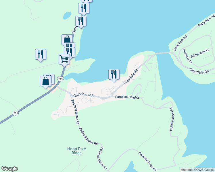 map of restaurants, bars, coffee shops, grocery stores, and more near 531 Glendale Road in Oakland