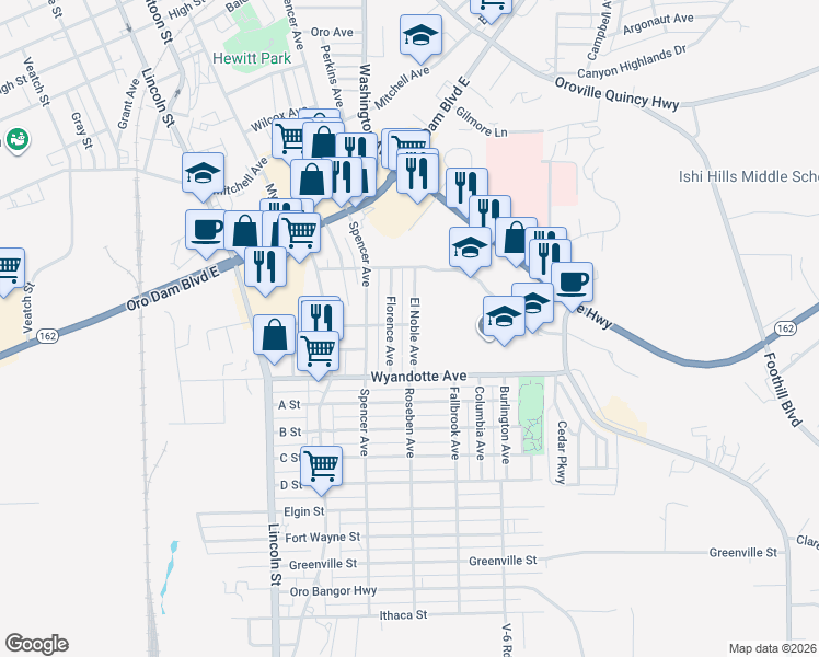 map of restaurants, bars, coffee shops, grocery stores, and more near 2851 El Noble Avenue in Oroville