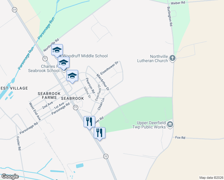 map of restaurants, bars, coffee shops, grocery stores, and more near Macarthur Drive in Bridgeton