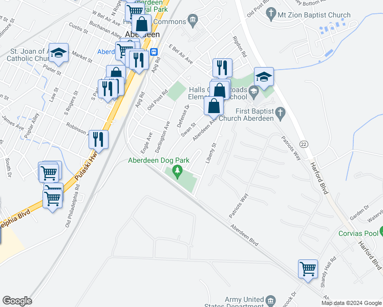 map of restaurants, bars, coffee shops, grocery stores, and more near 15 Chesapeake Court in Aberdeen