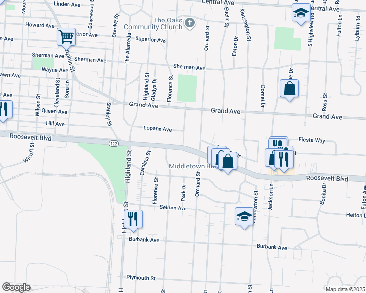 map of restaurants, bars, coffee shops, grocery stores, and more near 2999 Roosevelt Boulevard in Middletown