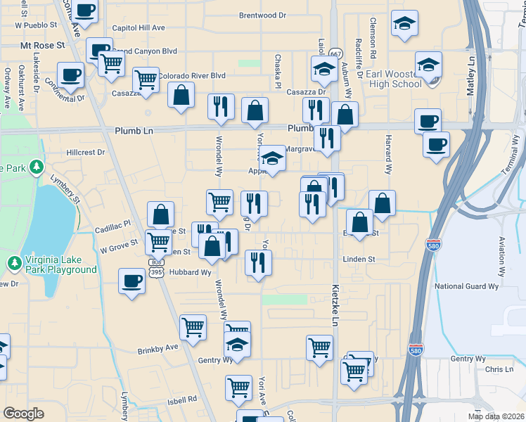 map of restaurants, bars, coffee shops, grocery stores, and more near 2205 Kietzke Lane in Reno