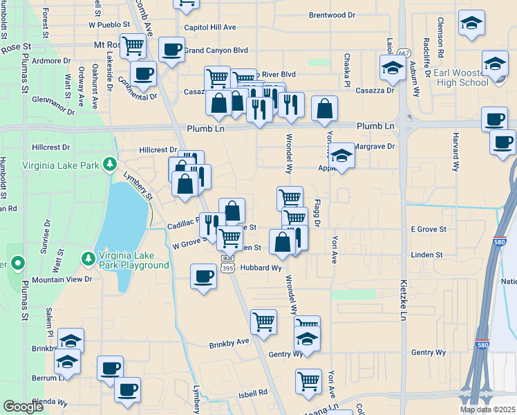 map of restaurants, bars, coffee shops, grocery stores, and more near 210 East Plumb Lane in Reno