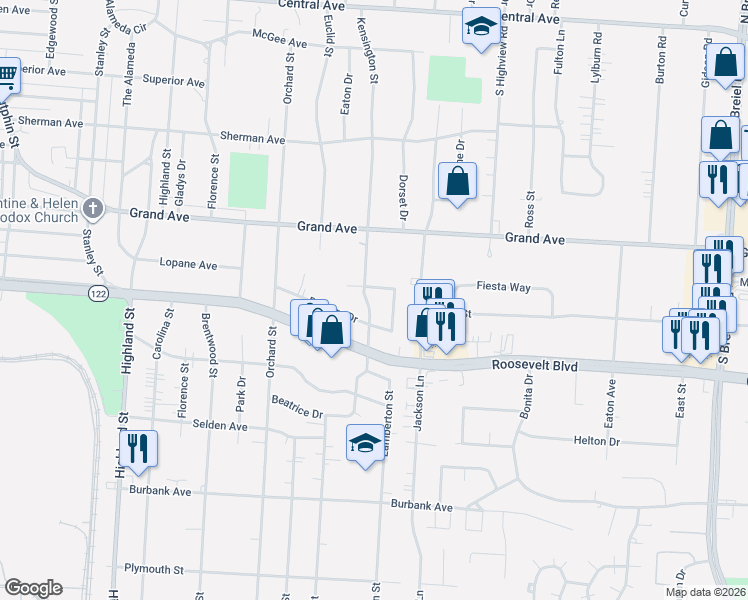 map of restaurants, bars, coffee shops, grocery stores, and more near 3305 Elman Drive in Middletown