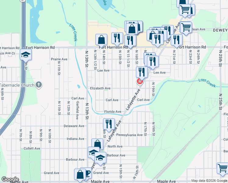 map of restaurants, bars, coffee shops, grocery stores, and more near 3000-3048 North 14th 1/2th Street in Terre Haute